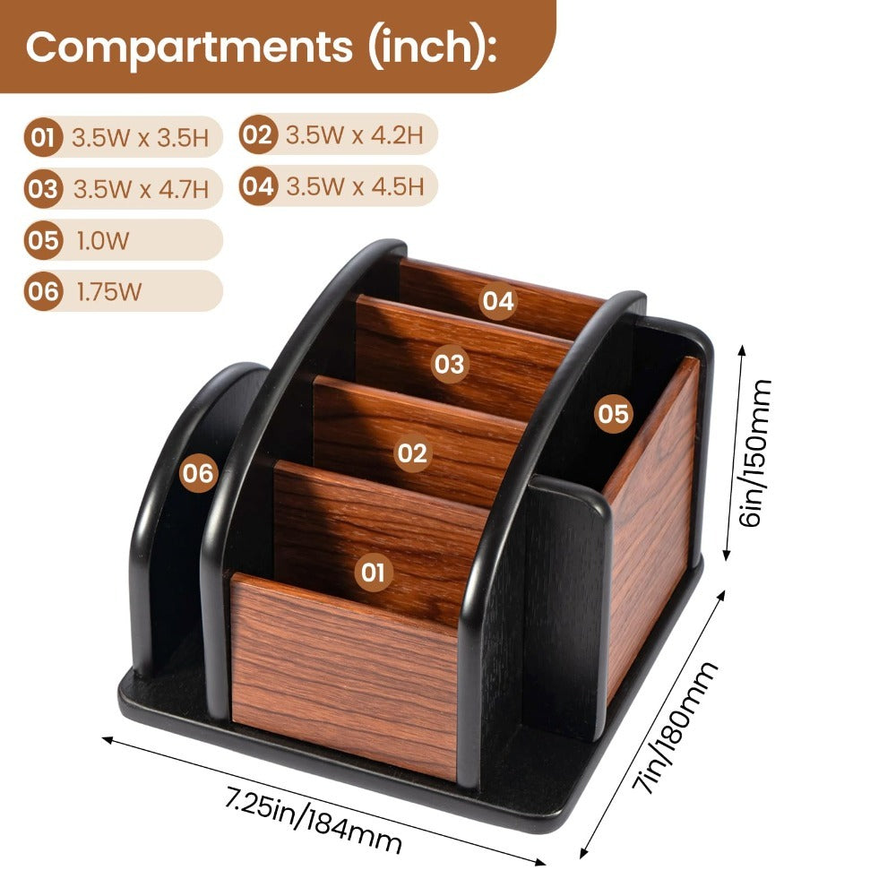 360° Rotating Desktop Organiser with Remote Control Holder – 6-Compartment Walnut Wood Pen Pot, Spinning Desk Tidy for Home Office, Document Slot, Stationery Storage, 184x180mm, Brown