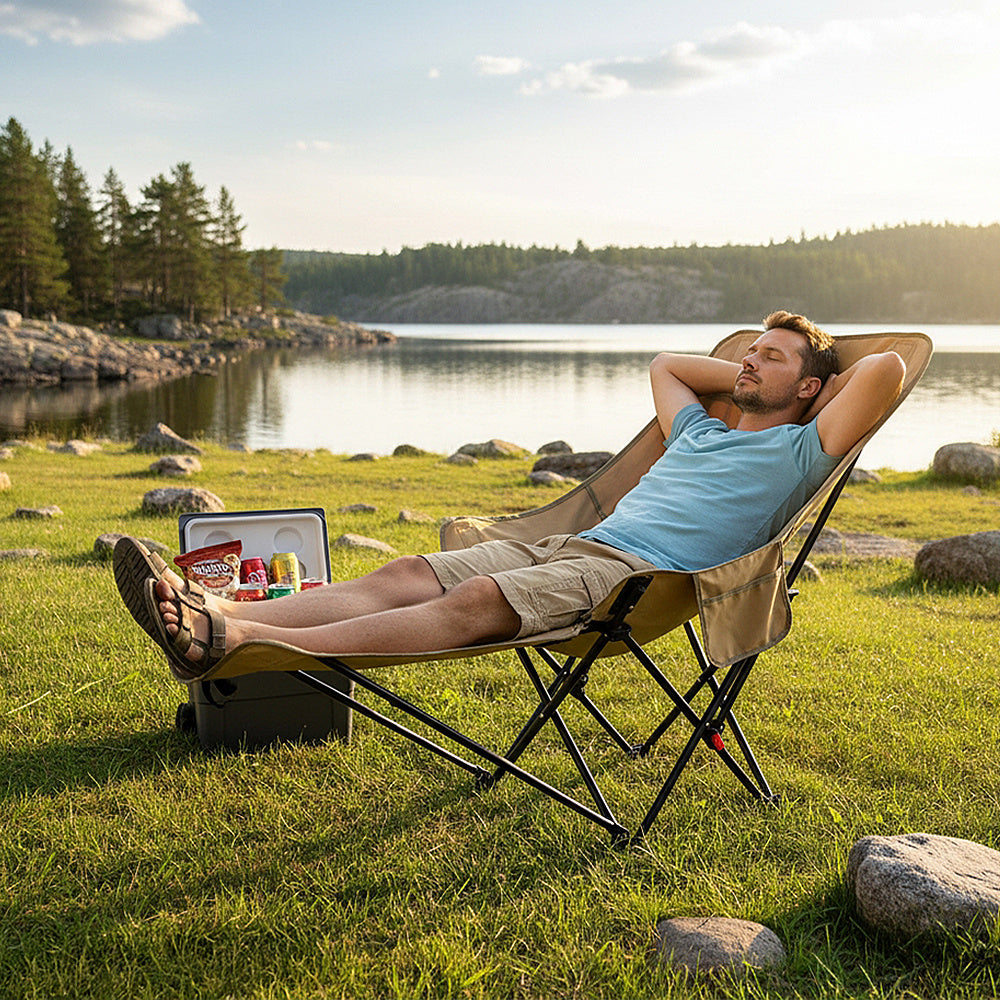 Portable High-Back Moon Chair (Three-Position Adjustment) Seat or Recline, Side Storage Pocket,Foldable Outdoor Chair Camping Picnic Lounger, Midday Rest Fishing Chair, Garden Seat Three Colours Available (Complimentary Storage Bag)