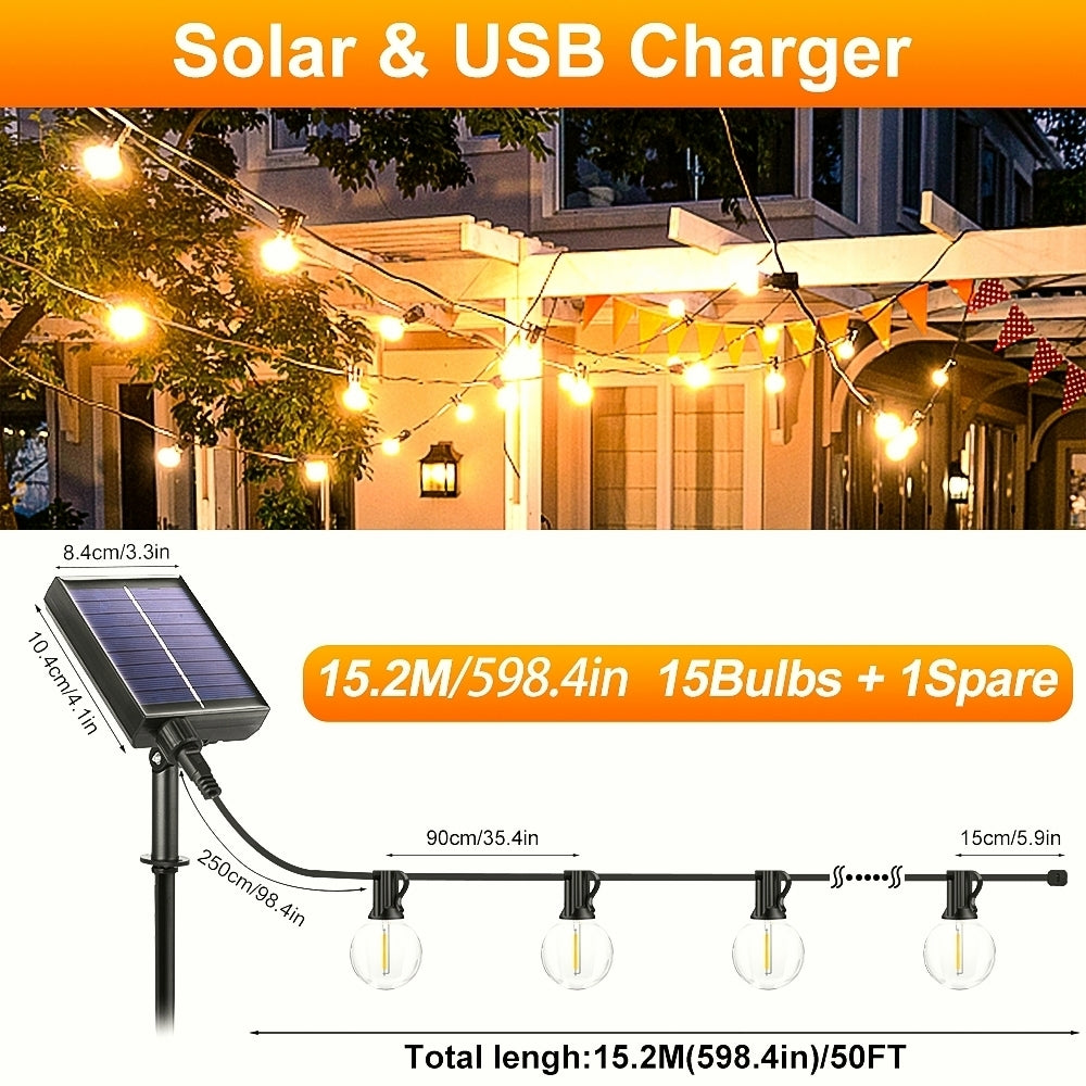 15.25m/20.13m/30.49m G40 Solar Light String, Ip44 Waterproof Outdoor Solar Light Chain/Crystal Fairy Light, With Remote Control And Adjustable Brightness, Ideal For Decorative Lighting In Gardens, Terraces, Balconies, Barbecues, Parties, And Corridors