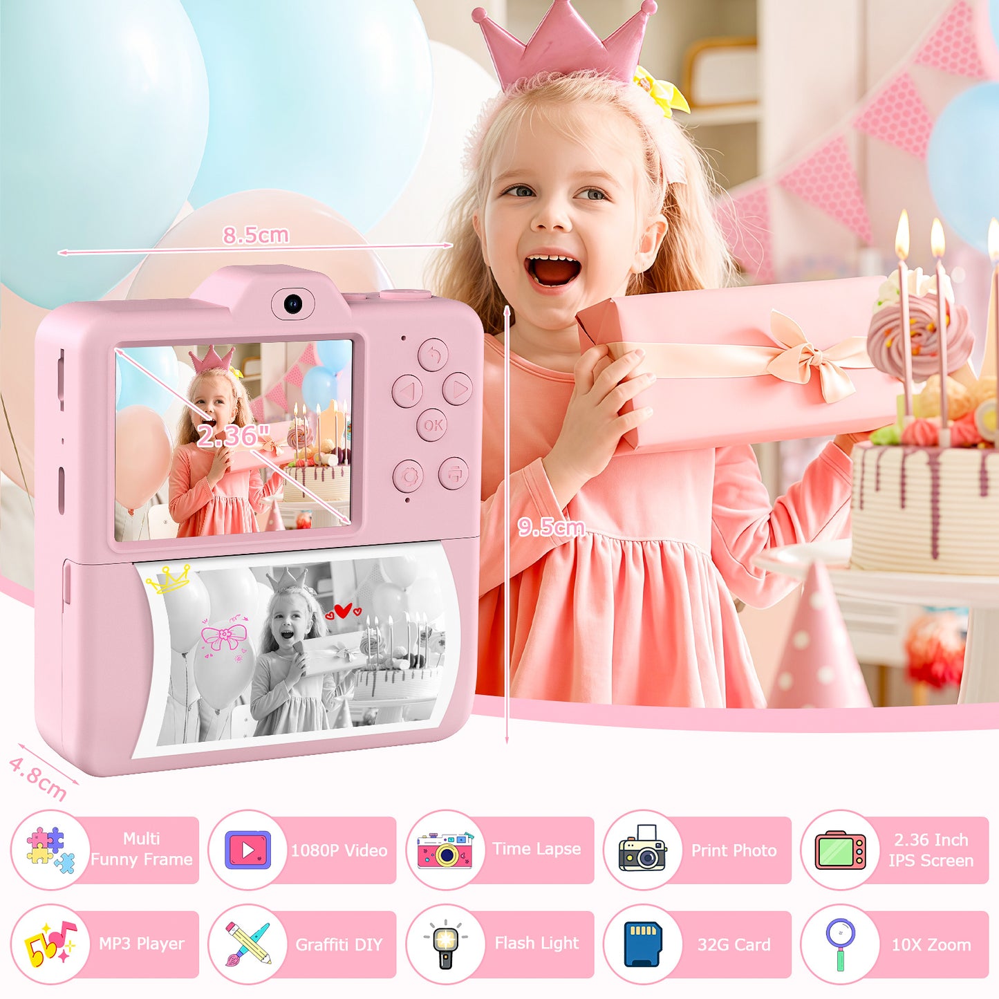 Kids Camera Instant Print - Dual-Lens 1080P HD Video Children Cameras 2.4" Instant Camera for Kids 5 Rolls Photo Paper Christmas Birthday Toys for Girls Boys