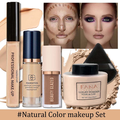 [Face Base Kit] 5pcs/Set Complete Face Base Kit - High-Coverage Concealer, Lightweight Liquid Foundation, 3D Contouring Cream, Oil-Control Loose Powder And Soft Puff - Long-Lasting Matte Flawless End Set
