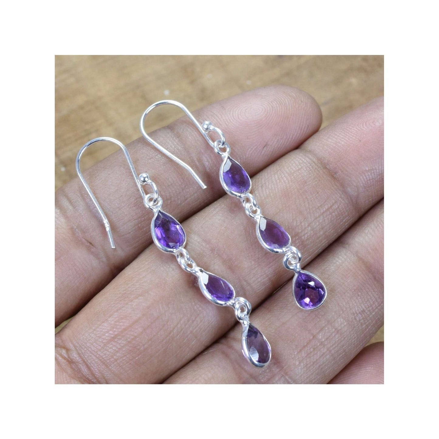 925 Sterling Silver Natural Gemstone 3 stone long Earring, Bezel Set Birthstone Ring, Perfect gift