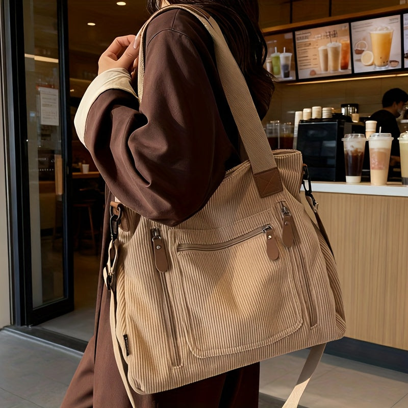 Corduroy Tote Bag Women Large Capacity – Adjustable Shoulder Strap, Multi-Pocket Crossbody Handbag for Work, Shopping & Daily Commute | Beige Vintage Style