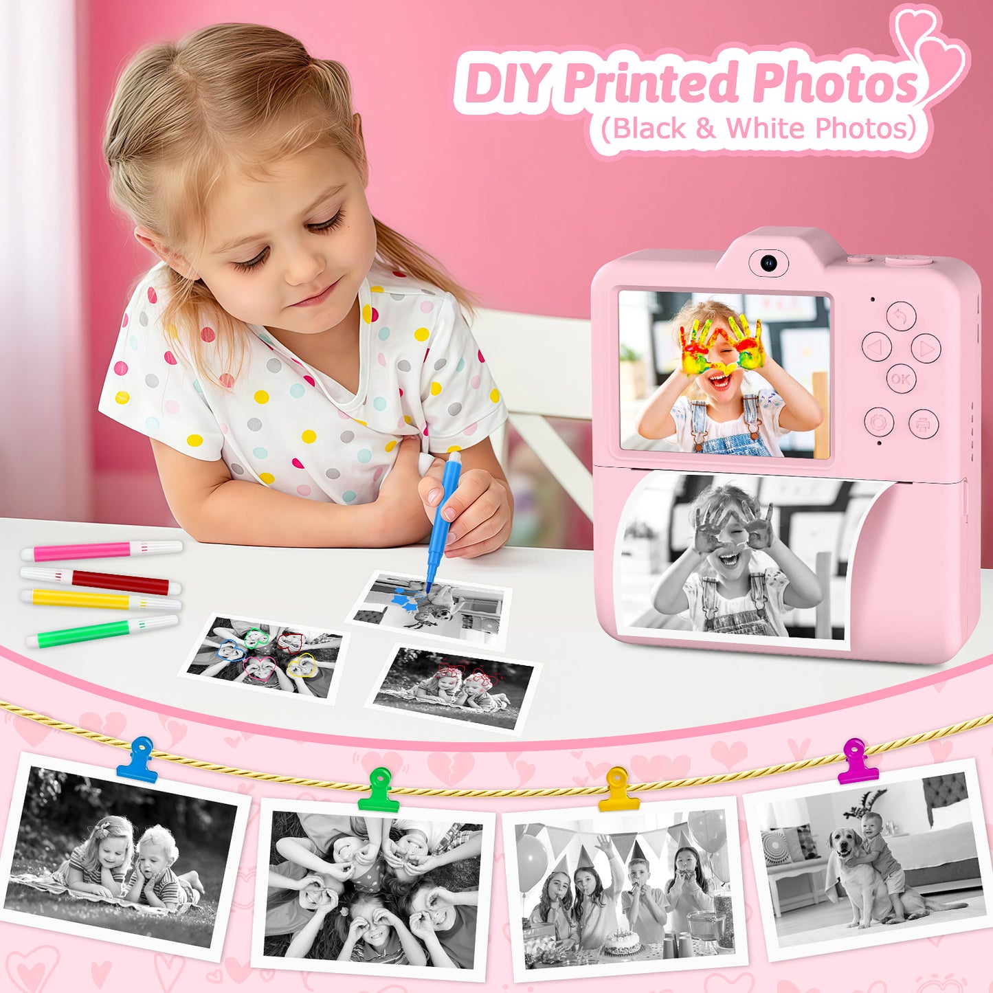 Kids Camera Instant Print - Dual-Lens 1080P HD Video Children Cameras 2.4" Instant Camera for Kids 5 Rolls Photo Paper Christmas Birthday Toys for Girls Boys