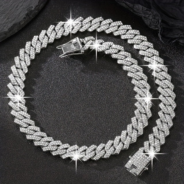 2pcs/set Necklace+bracelet Luxury Set Domineering Y2K Cuban Lozenge Link Chain Necklace, Hip Hop Miami Unisex Necklace, Rapper Necklace Jewelry, Trendy Accessories Encryption style