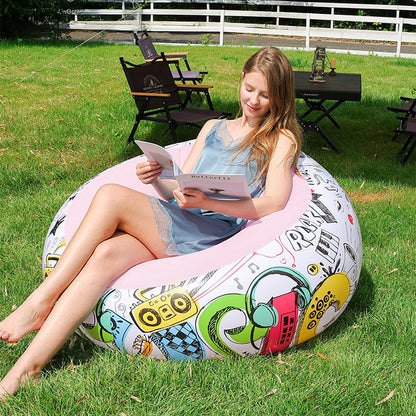 Multicoloured Spherical Outdoor Inflatable Sofa in PVC Material. Lightweight and Portable Home Sofa with Manual Air Pump. Suitable for Living Rooms, Patios, Camping, and Gardens.