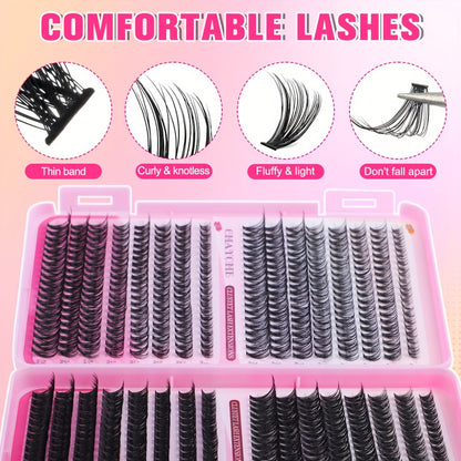 640pcs Lash Clusters - Thick Volume Lash Extension Kit - High-Capacity DIY Individual Lashes with Wispy Lash Bond, Glue Tweezer, and Brush for At-Home Eyelash Extensions