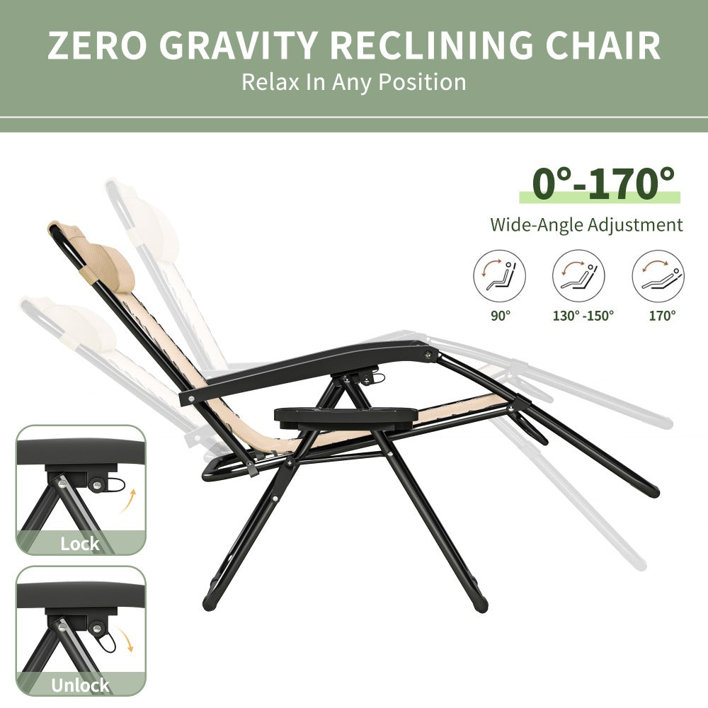 Zero Gravity Chair Foldable Reclining Outdoor Patio Lounge Chair with Padded Pillow Armrest Footrest Cup Holder Textilene Fabric Camping Garden Sunlounger Set of 1 or 2