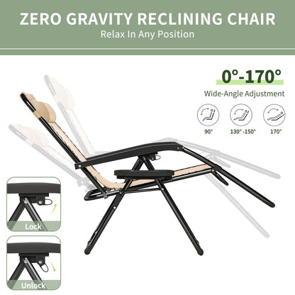 Zero Gravity Chair Foldable Reclining Outdoor Patio Lounge Chair with Padded Pillow Armrest Footrest Cup Holder Textilene Fabric Camping Garden Sunlounger Set of 1 or 2