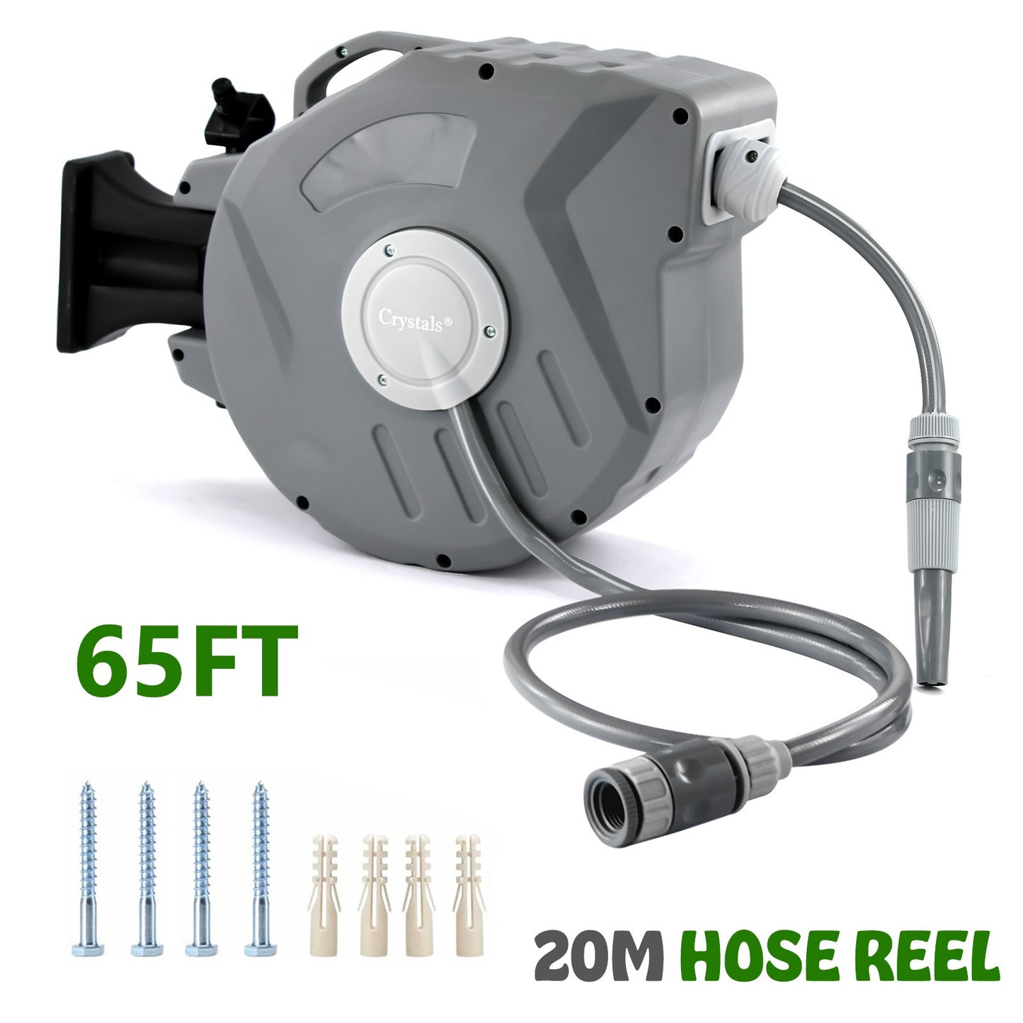 Hose Reel – Compact Wall-Mounted or Portable Reel with Retractable Rewind Function, Package Includes Nozzle, Fittings & Fixings, Grey