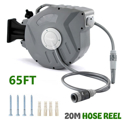 Hose Reel – Compact Wall-Mounted or Portable Reel with Retractable Rewind Function, Package Includes Nozzle, Fittings & Fixings, Grey