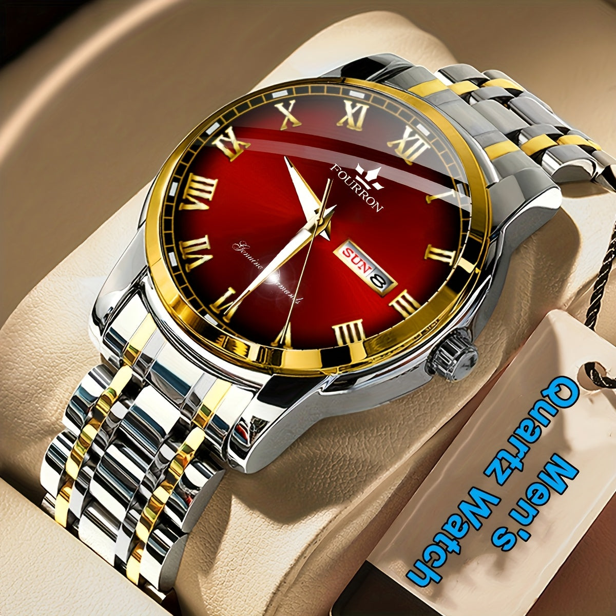1pc FOURRON Brand New Trendy Fashion Men'S Quartz Watch Stainless Steel Strap with Day Date, Roman Numeral Disc Multi-Function Luminous Luxury Men'S Wristwatches, Friends And Relatives Birthday Gifts, Holiday Party Gifts Preferred Choice