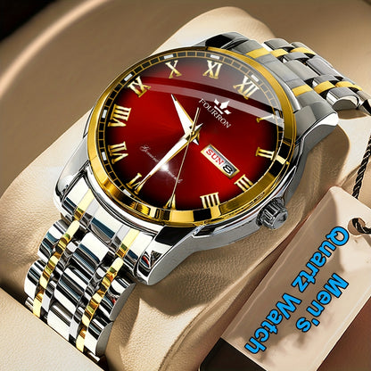 1pc FOURRON Brand New Trendy Fashion Men'S Quartz Watch Stainless Steel Strap with Day Date, Roman Numeral Disc Multi-Function Luminous Luxury Men'S Wristwatches, Friends And Relatives Birthday Gifts, Holiday Party Gifts Preferred Choice