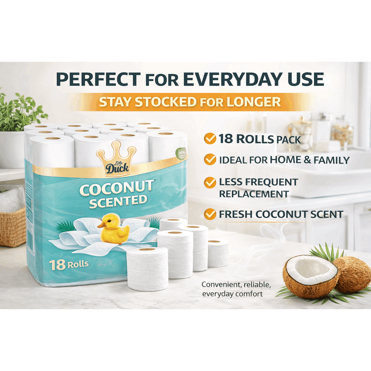 18 Rolls Toilet Paper – Coconut Scented Bulk Pack – Soft & Strong 3 Ply – Fresh & Long Lasting