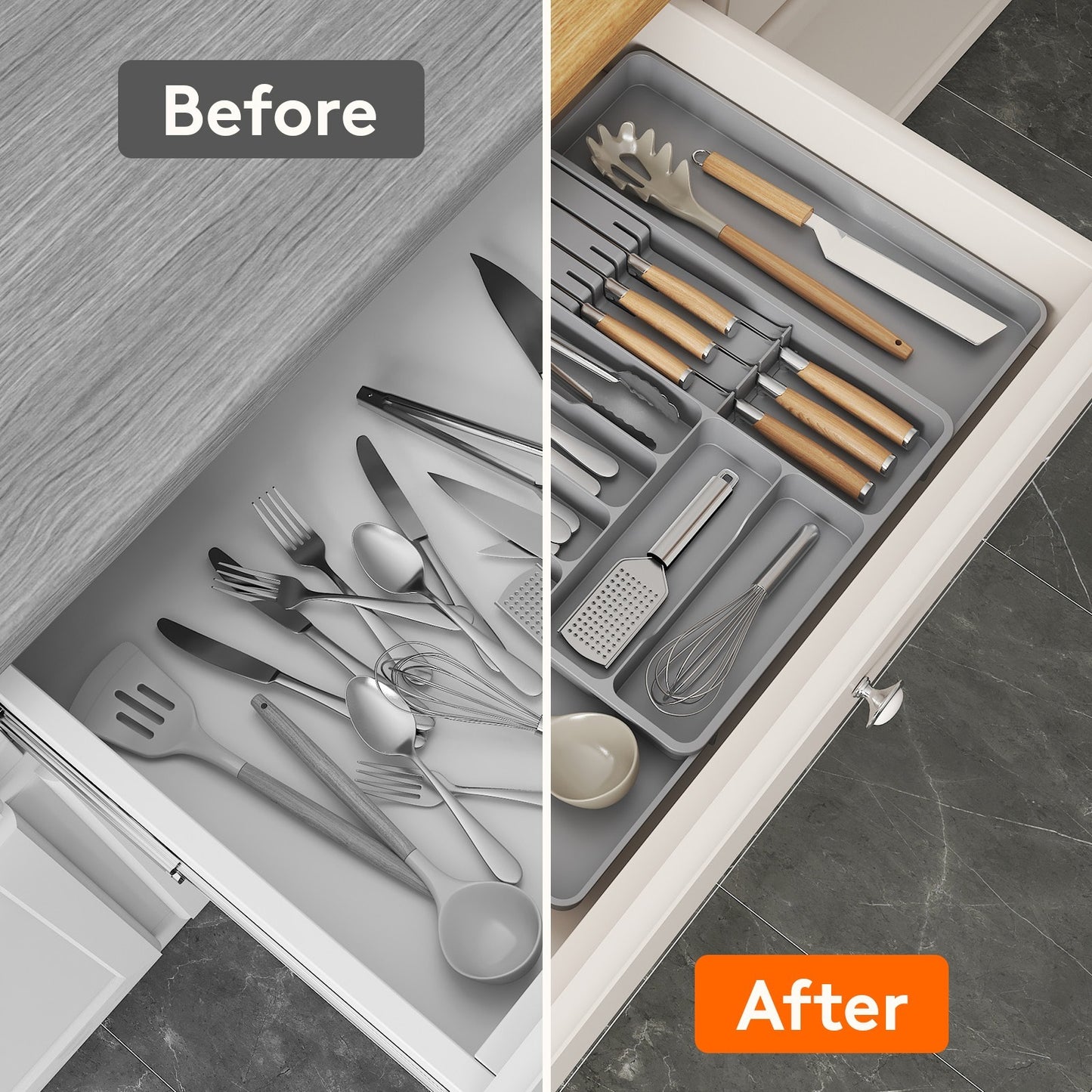 Cutlery Drawer Storage. Organizer, Kitchen Expandable Cutlery Tray. Cutlery Storage, Kitchen Storage, Adjustable Cutlery and Cutlery Holder. Thoughtful Holiday Gift, Christmas Gift, Halloween Gift. Compact Plastic Cutlery Storage Box, Large