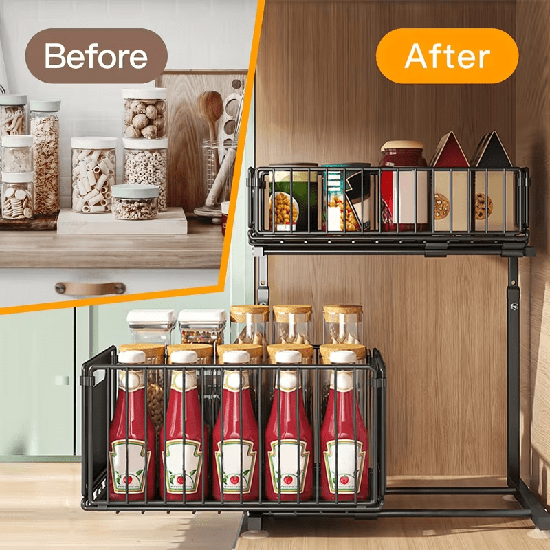 Metal 2- Tier Slide- Out Under Sink Organizer Basket - Heavy- Duty Pull- Out Storage Rack with Adjustable Height, Sliding Drawers- Space- Saving Kitchen Cabinet Organizer for Utensils, Spices, Cleaning Supplies - Home Organization