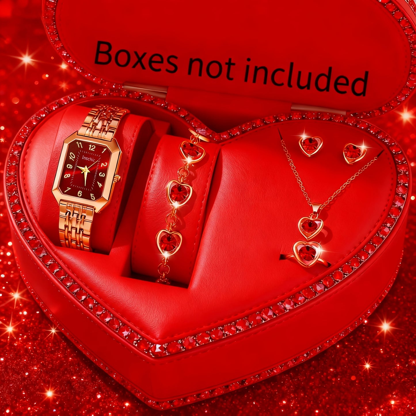 6pcs Exquisite Charming Women'S Quartz Watches, Square Dials, Heart Pendant Jewelry Set, Best Choice for Women'S Gifts, Year-Round Wear, Suitable for Any Occasion Wear/Gifting