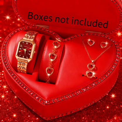 6pcs Exquisite Charming Women'S Quartz Watches, Square Dials, Heart Pendant Jewelry Set, Best Choice for Women'S Gifts, Year-Round Wear, Suitable for Any Occasion Wear/Gifting