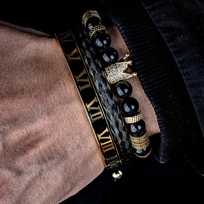 Men's Adjustable Bracelet - Casual Style, Stainless Steel with Gun Black Plating & Synthetic Zirconia - All Season Wear | Roman Crown Charm Design | Ideal for Daily Wear & Gifting