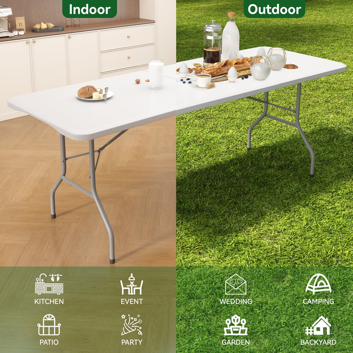 Portable 5FT Dining Garden Table, Foldable 5FT Trestle Catering Heavy Duty Folding Table, Indoor & Outdoor Multi-Purpose Picnic BBQ Party Table