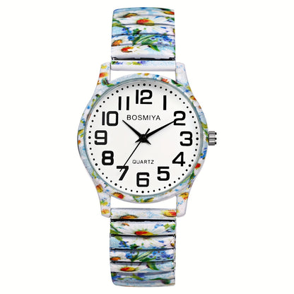 Bohemian Women'S Elastic Watch, Analog Quartz, Large Arabic Numerals Scale, Clear Easy to Read, Round Case, Printed Decorative Stainless Steel Stretch Strap, Suitable for Casual, Business, Mother'S Day Back-To-School Season Christmas Birthday Gift