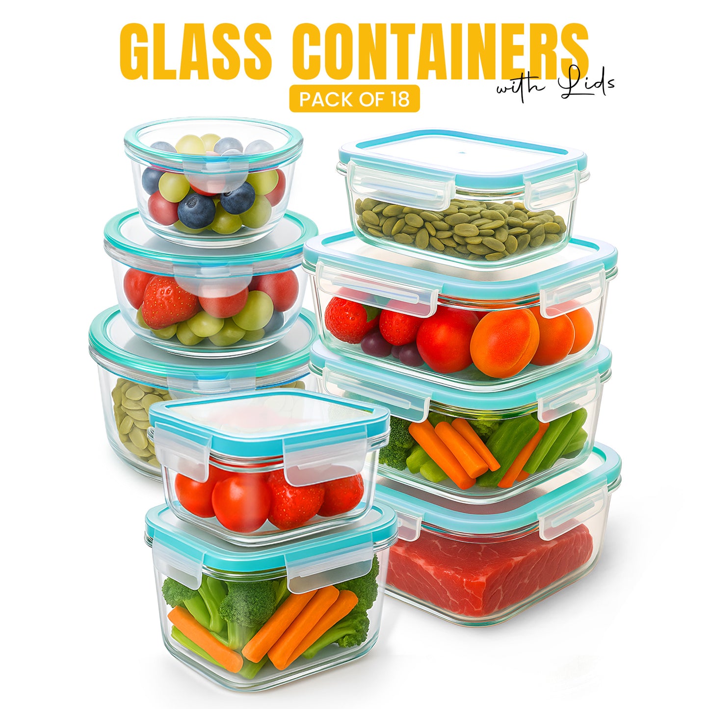 KICHLY Airtight Glass Food Storage Containers with Leakproof Lids – Square Meal Prep Containers with Silicone Seal – Oven, Freezer & Microwave Safe – Stackable Borosilicate Glass with Transparent Clip-Lock Lids
