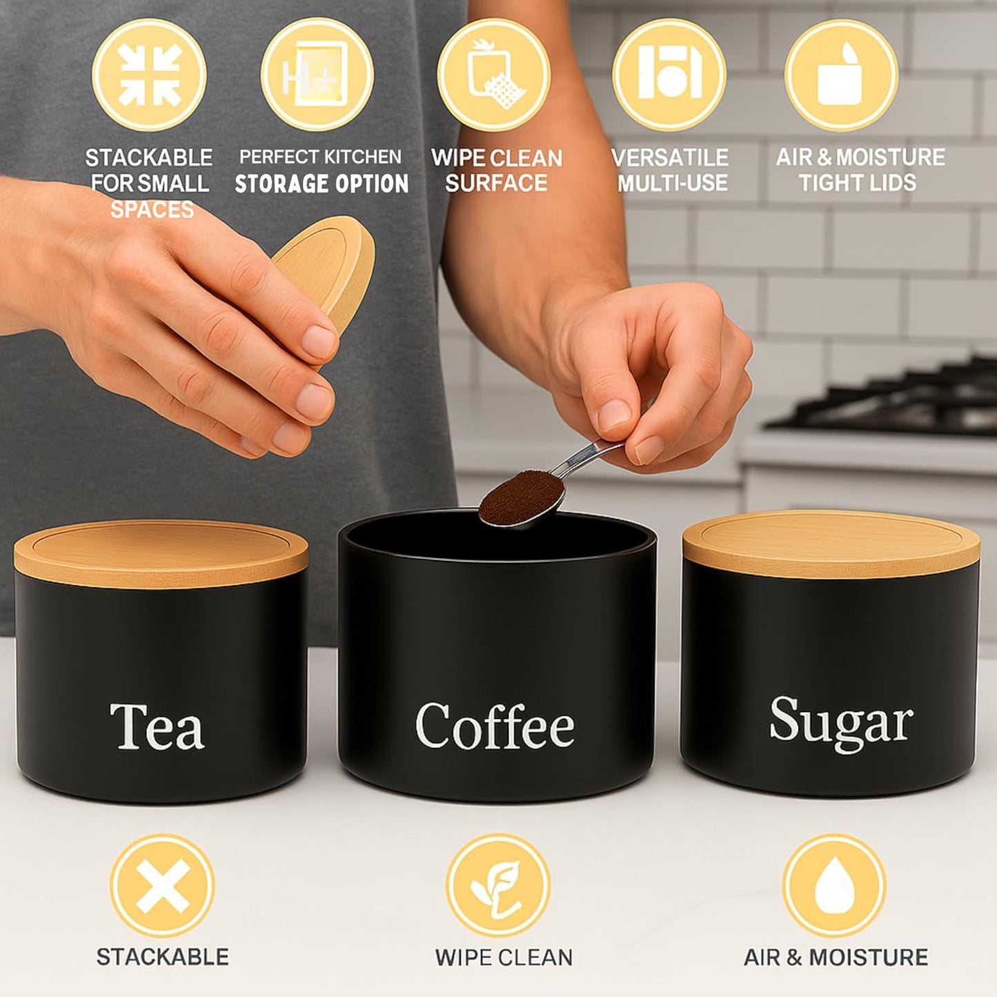 Trendi Set of 3 Tea, Coffee & Sugar Stackable Airtight Canisters- Black Storage Jars with Bamboo Lids – Easy to Open, Labelled Containers for Organized Kitchen Storage