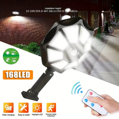 1/2pcs Solar Motion Sensor Lights, 168LED Solar Street Lights, 3 Lighting Modes Courtyard Lights with Remote, 180 ° Adjustable Floodlights, Wide-angle Lighting, for Commercial Street, Gardens, Paths, Garages, Parking Lots Lighting