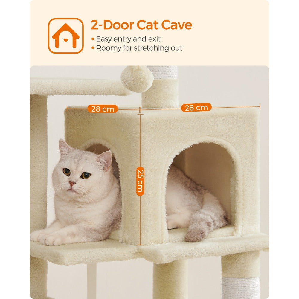112cm Cat Tree Multi-Level Plush Tower Condo with 4 Scratching Posts, Hammock, Cave & Platforms – Stair-Step Design with Hanging Toys | Easy Assembly Indoor Cat Furniture | Pink White Beige Grey | UK