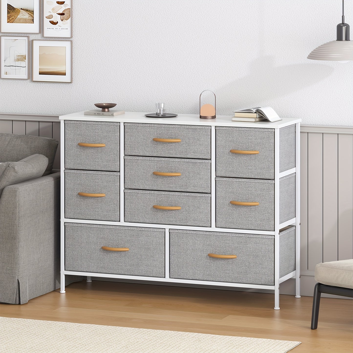 9-Drawer Dresser with Anti-Tip System & Adjustable Leveling Feet - Modern MDF Top Board & Metal Frame Storage Unit Suitable for Bedroom, Office, Living Room Organization - Assembly, Space-Saving Furniture