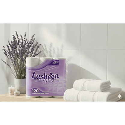 Lusheen Lavender 3-Ply Toilet Roll – 120 Rolls Bulk Pack (150 Sheets/Roll) – Premium Quilted, Scented & Ultra-Soft Toilet Paper
