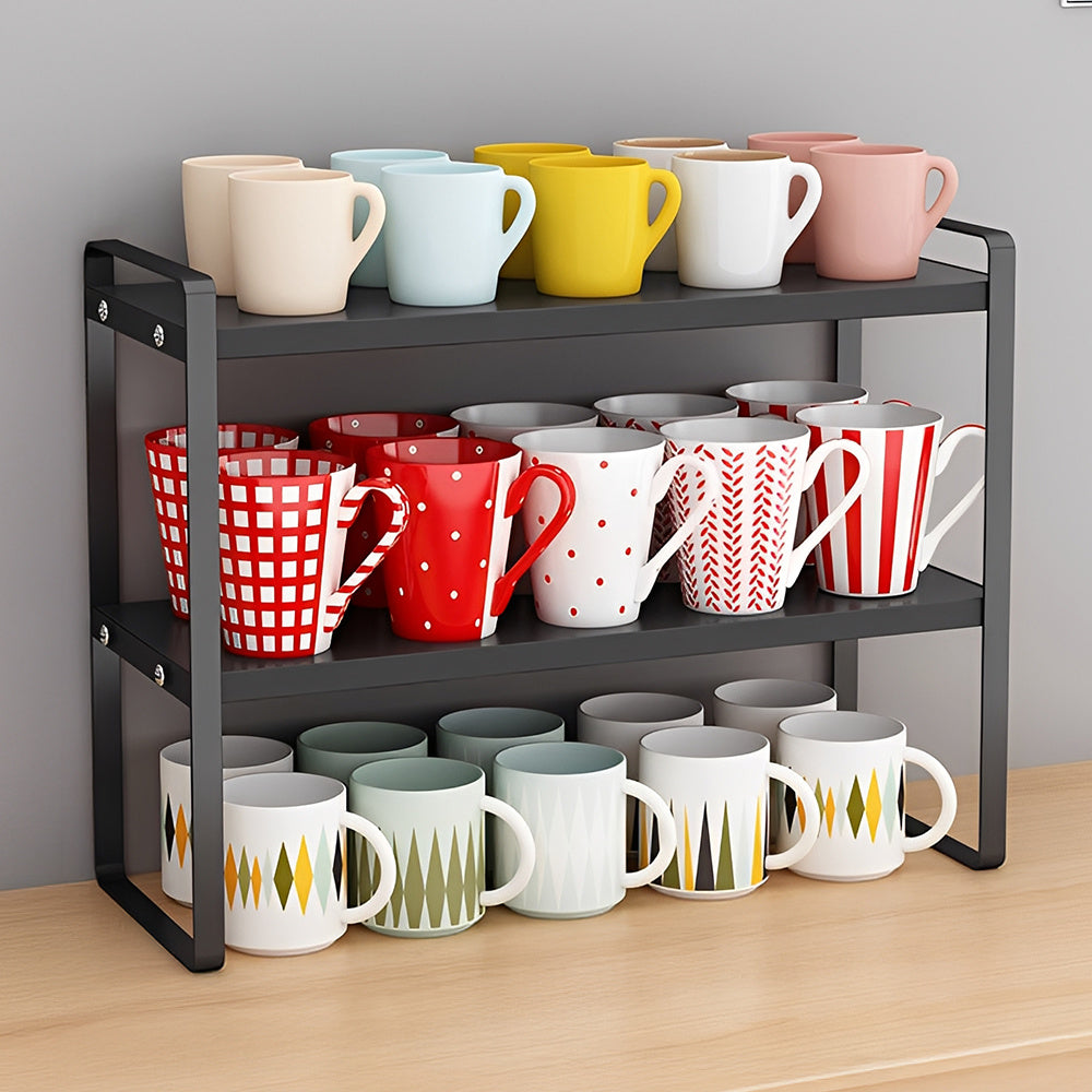 Multi-Tier Storage Rack, Mug Shelves for Desks, Black/White/Natural Wooden and Metal Countertop Organizer Shelf, Display Rack, Perfect for Dormitories Home Office Kitchen Bathroom