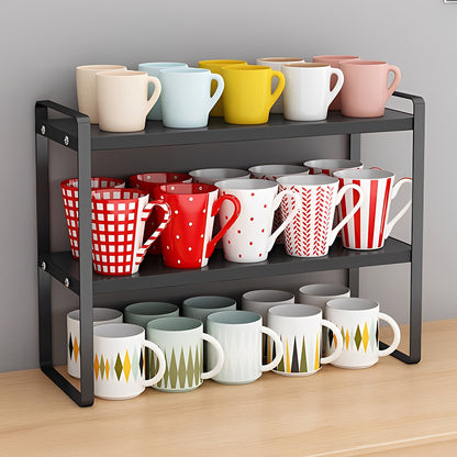 Multi-Tier Storage Rack, Mug Shelves for Desks, Black/White/Natural Wooden and Metal Countertop Organizer Shelf, Display Rack, Perfect for Dormitories Home Office Kitchen Bathroom