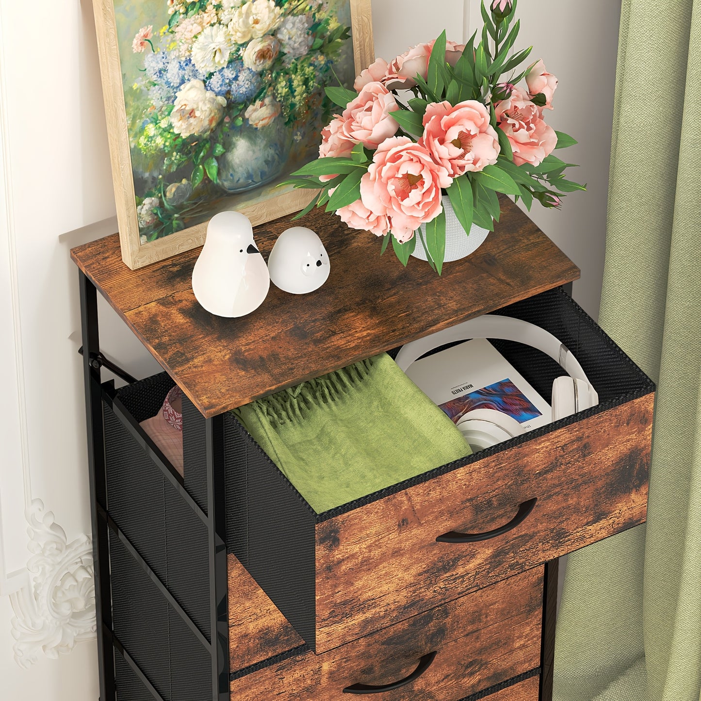1pc Modern Tall Dresser with 4 Spacious Drawers - Large Storage Cabinet with MDF Wood Top & Sturdy Metal Frame, Freestanding Tall Tower Unit with Legs, 68.58cm+ Height, 3.2 Cu Ft Capacity, Space-Saving Vertical Organizer for Bedroom/Living Room