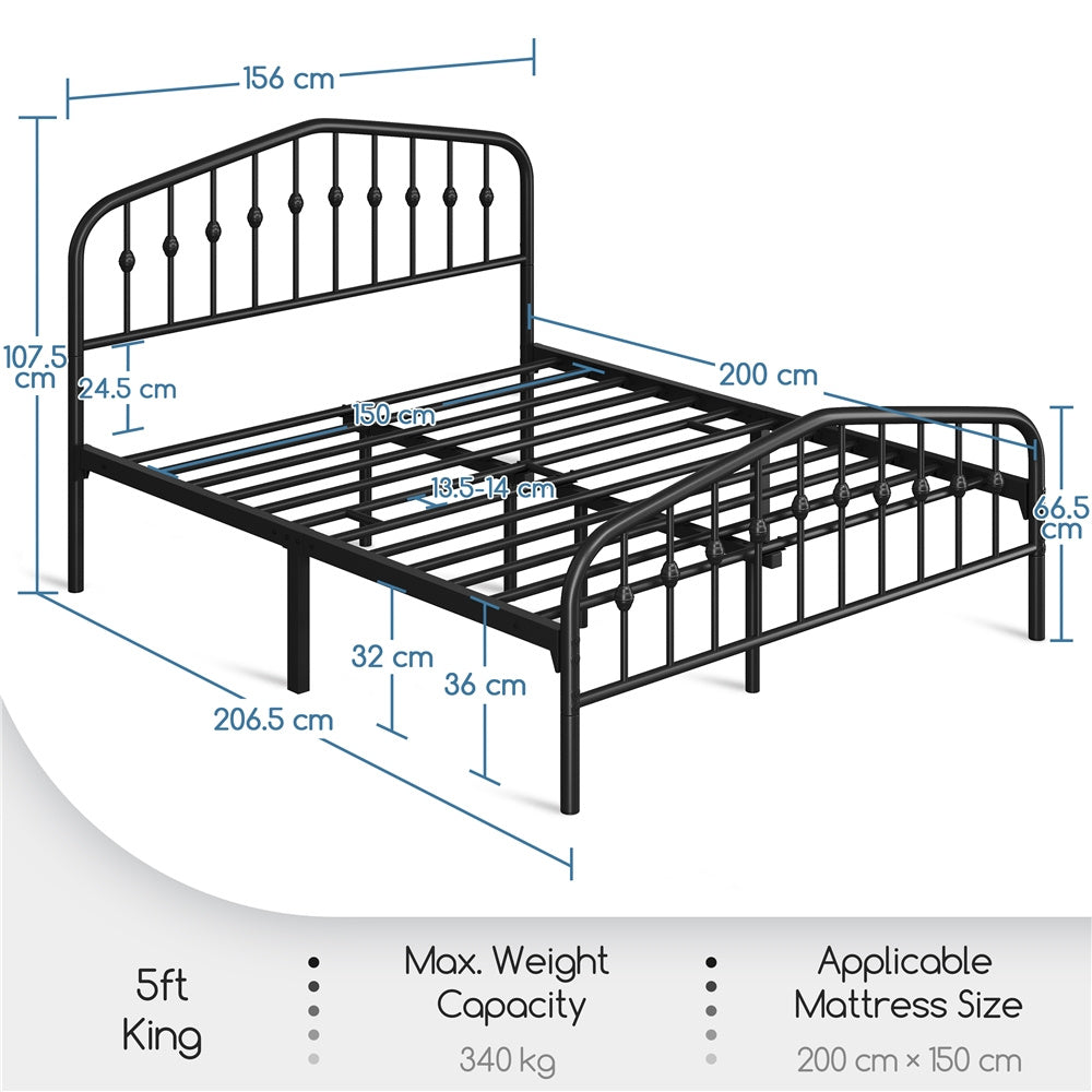 Costoffs Metal Bed Frame, Metal Bed Base, Farmhouse Metal Bed Frame, Modern Metal Bed with Crown-Inspired Design Headboard, Heavy-Duty Slat Support, Spacious Underbed Storage, No Box Spring Needed, Double/King, Black/White