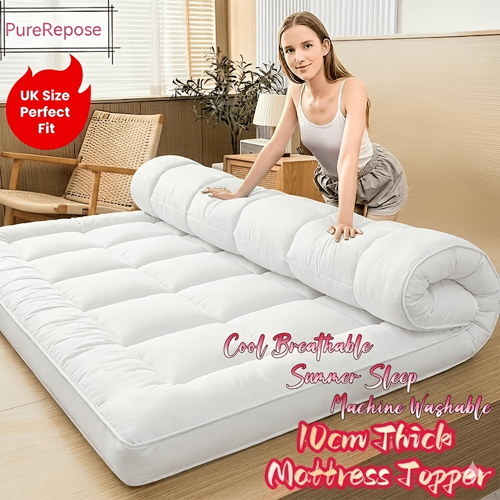 1pc 10cm Deep Mattress Topper, 4Inch Microfiber Overfill, Plush Soft Surface, Four-Corner Elastic Straps for Secure Fit, Anti-Shift & Even Weight Distribution, Fits Single/Double/King/Super King UK Beds