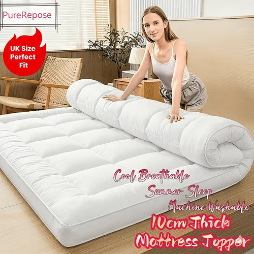 1pc 10cm Deep Mattress Topper, 4Inch Microfiber Overfill, Plush Soft Surface, Four-Corner Elastic Straps for Secure Fit, Anti-Shift & Even Weight Distribution, Fits Single/Double/King/Super King UK Beds
