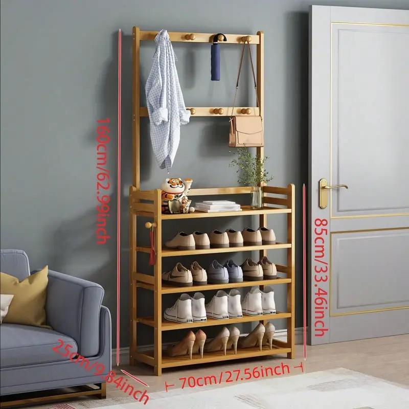 Bamboo Shoe Rack with Clothes Hanger Rail – Multi-Layer Freestanding Shoe Cabinet & Clothes Storage Organiser for Hallway, Bedroom & Dormitory | Space-Saving Floor Standing Shelf