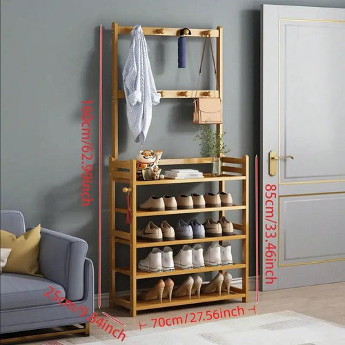 Bamboo Shoe Rack with Clothes Hanger Rail – Multi-Layer Freestanding Shoe Cabinet & Clothes Storage Organiser for Hallway, Bedroom & Dormitory | Space-Saving Floor Standing Shelf