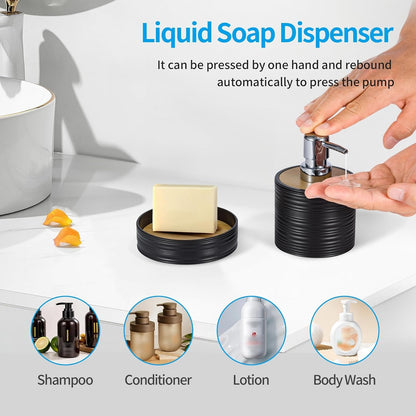 8-Piece Bamboo & Plastic Bathroom Accessories Set, Complete Bathroom Organiser with Toothbrush Holder, Soap Dispenser, Tumbler, Soap Dish, Qtip Holder, Toilet Brush & Waste Bin