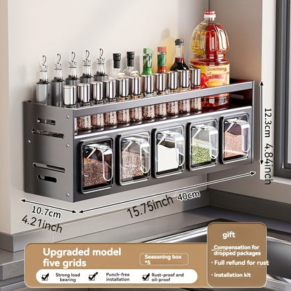 Five Grids Kitchen Spice Rack Organizer for The Wall, Pull-Out Shelf, Multifunctional Seasoning Container Set, Kitchen Storage.
