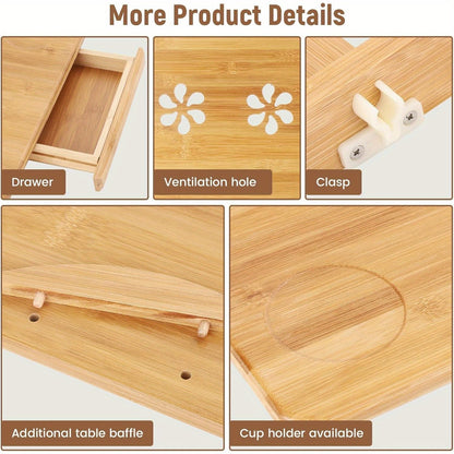 Bamboo Laptop Bed Table Laptop Tray Adjustable Laptop Table Laptop Desk Tray Table Portable Laptop Stand Foldable Bed Table Breakfast Tray with Drawer for Bed Sofa