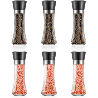 Premium 6 Pack Salt and Pepper Grinder Set Glass Body Condiment Mills with Adjustable Coarseness for Himalayan Pink Salt Peppercorns 200ml Capacity