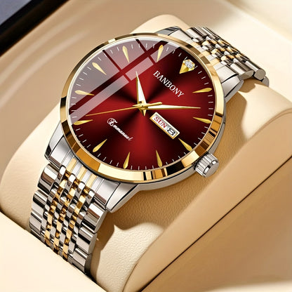 New Banbony Unisex Stainless Steel Quartz Watch with Rhinestone Accents, Water-Resistant IPX7, Sleek HD Dial, Date Display, Golden-Tone Finish - Ideal for Casual Wear, Parties, and Gifts