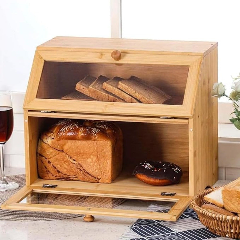 Double Layer Bamboo Bread Box Bread Bin with Transparent Window, Suitable for Kitchen and Dining Room, Pantry Organization Keeps Bread, Fruits, Snacks Fresh, Natural/Black
