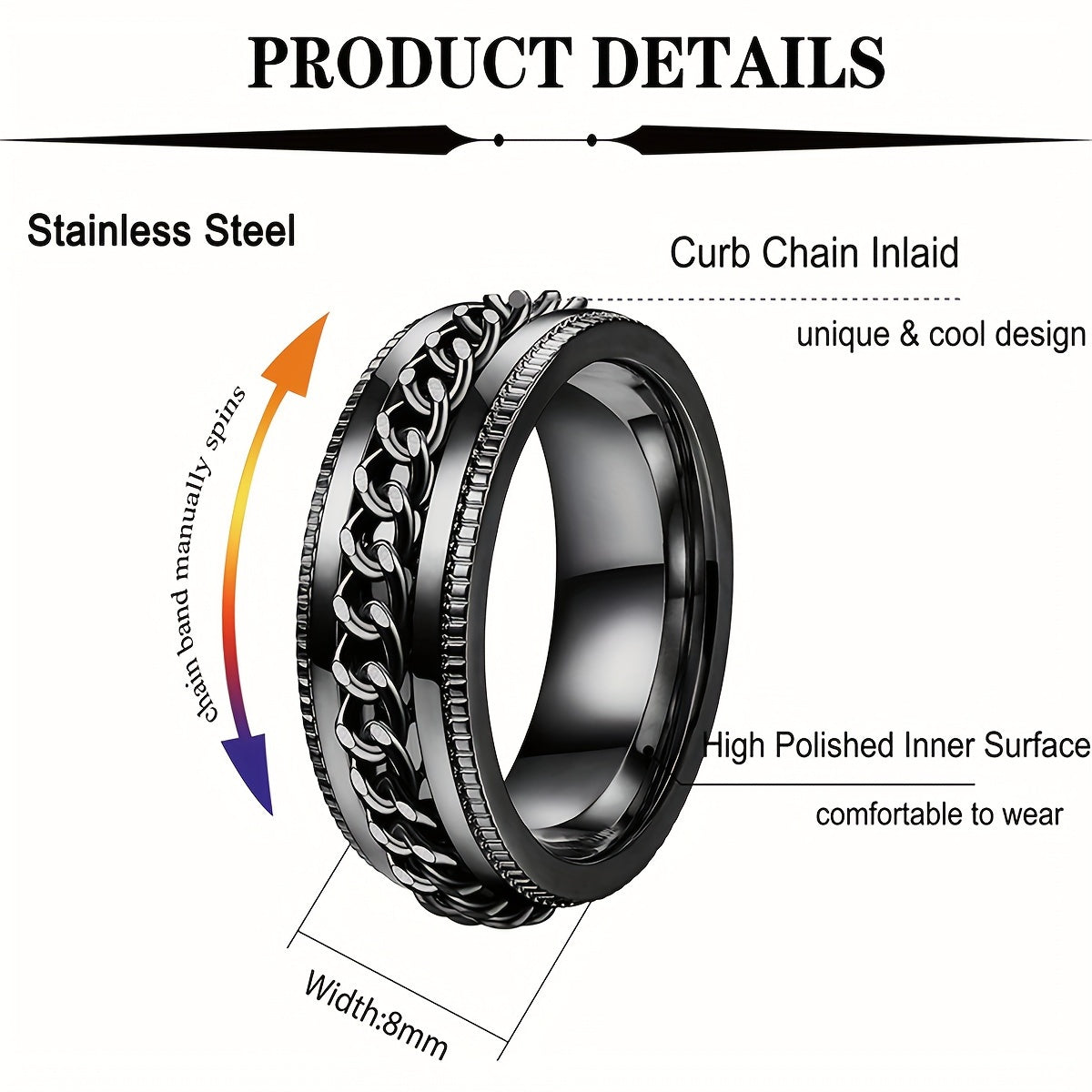 8 201 Stainless Steel Fingertip Rings, Men's Rotating Rings, Cool Rings, Wedding Engagement Rings, Jewelry Set, Size 7-13