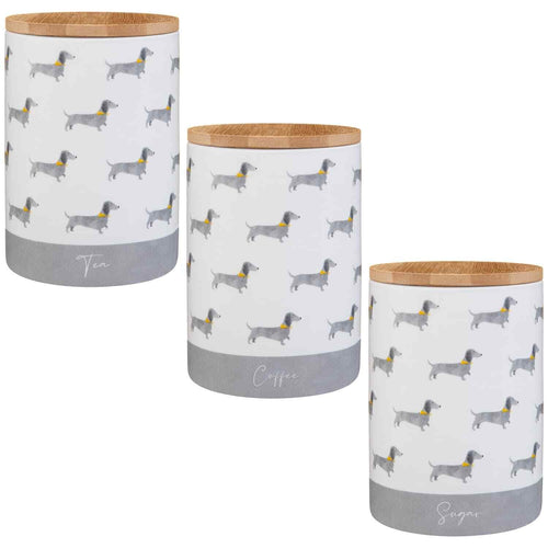 Set of 3 Ceramic Tea, Coffee & Sugar Canisters – Sausage Dog Design Storage Jars with Lids, Kitchen Pots