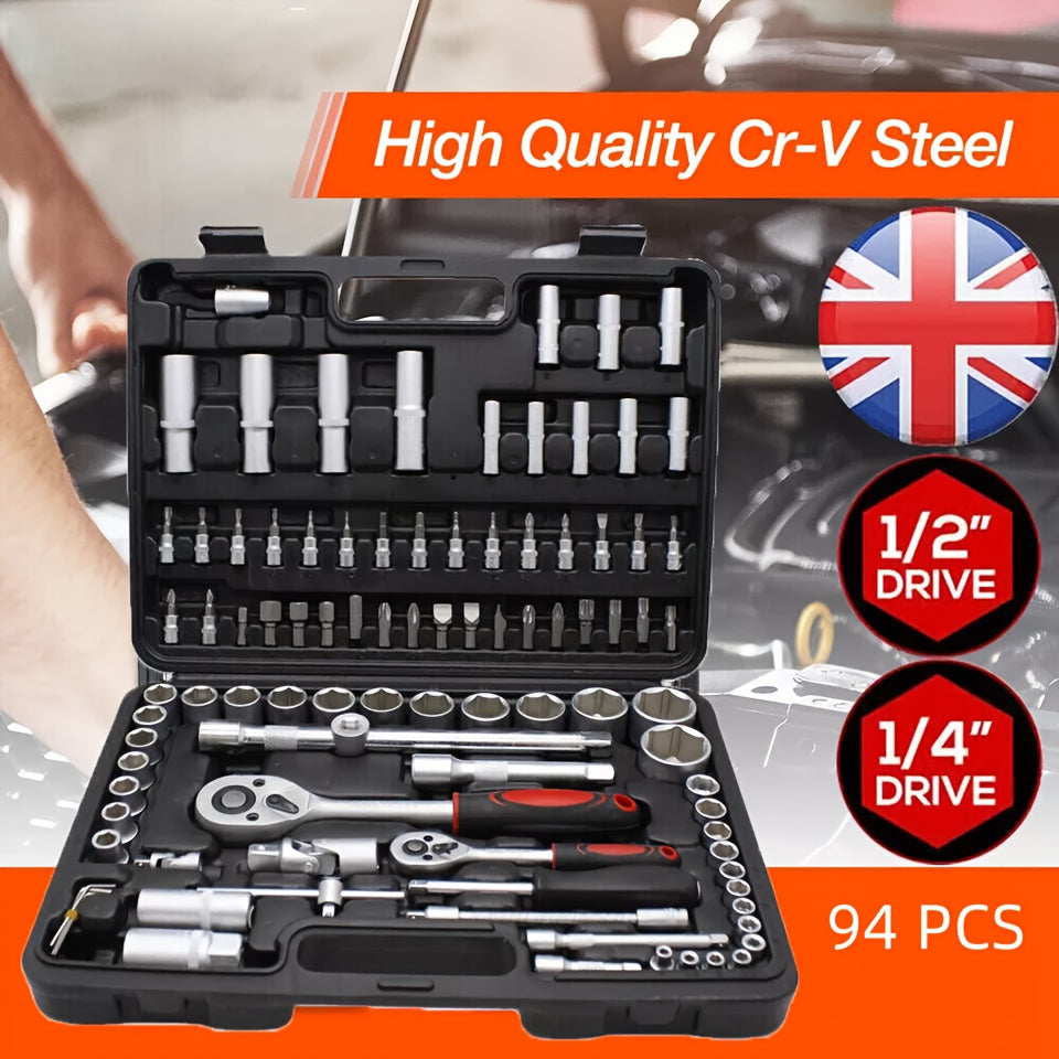 94 Socket Wrench Set Ratchet Box Toolbox Professional Home Kit 1/2" 1/4" Drive Sleeve Set The Perfect DIY Maintenance Must-have for Home Appliance Repair, Car Repair, Bicycle Repair