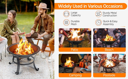 Costoffs Fire Pit, Outdoor Fire Pit Round Steel Fire Bowl for Camping, Hiking and Beach Parties, Patio Fire Pit with Mesh Screen Cover Fire Poker Log Grate for Yards, Porches, Patio, Stores, Patio BBQ Camping Bonfire, Black