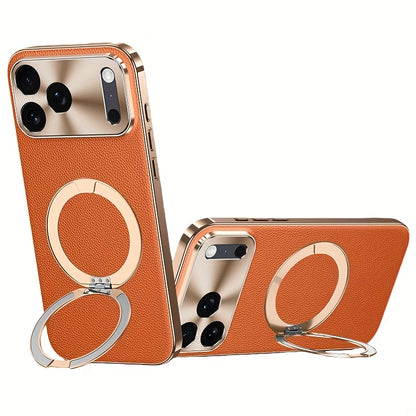 Phone Case - High-Quality Togo Real Leather Phone Case with Electroplating for Iphone 17, 16, And 15 Pro Max, Featuring Wireless Charging And a Magnetic Stand